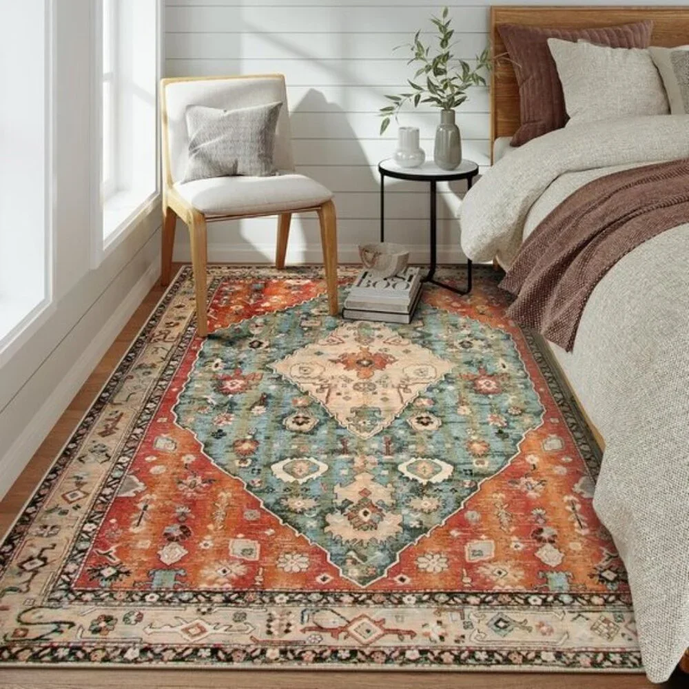 5x7 Boho Tribal Rug, Washable Distressed Rust/Teal Carpet for Living & Dining